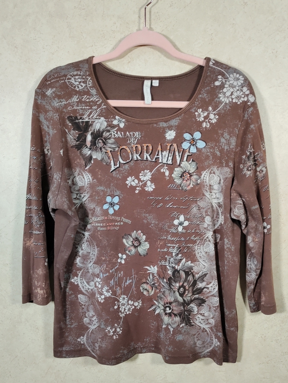 J102 Susan Lawrence Brown & Blue Floral Ballad Des Lorraine 3/4 Sleeve Tee 2X - Picture 1 of 9